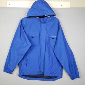 Nautica Size XL Hooded Nylon Windbreaker Jacket Blue Outdoorsy Fisherman Utility